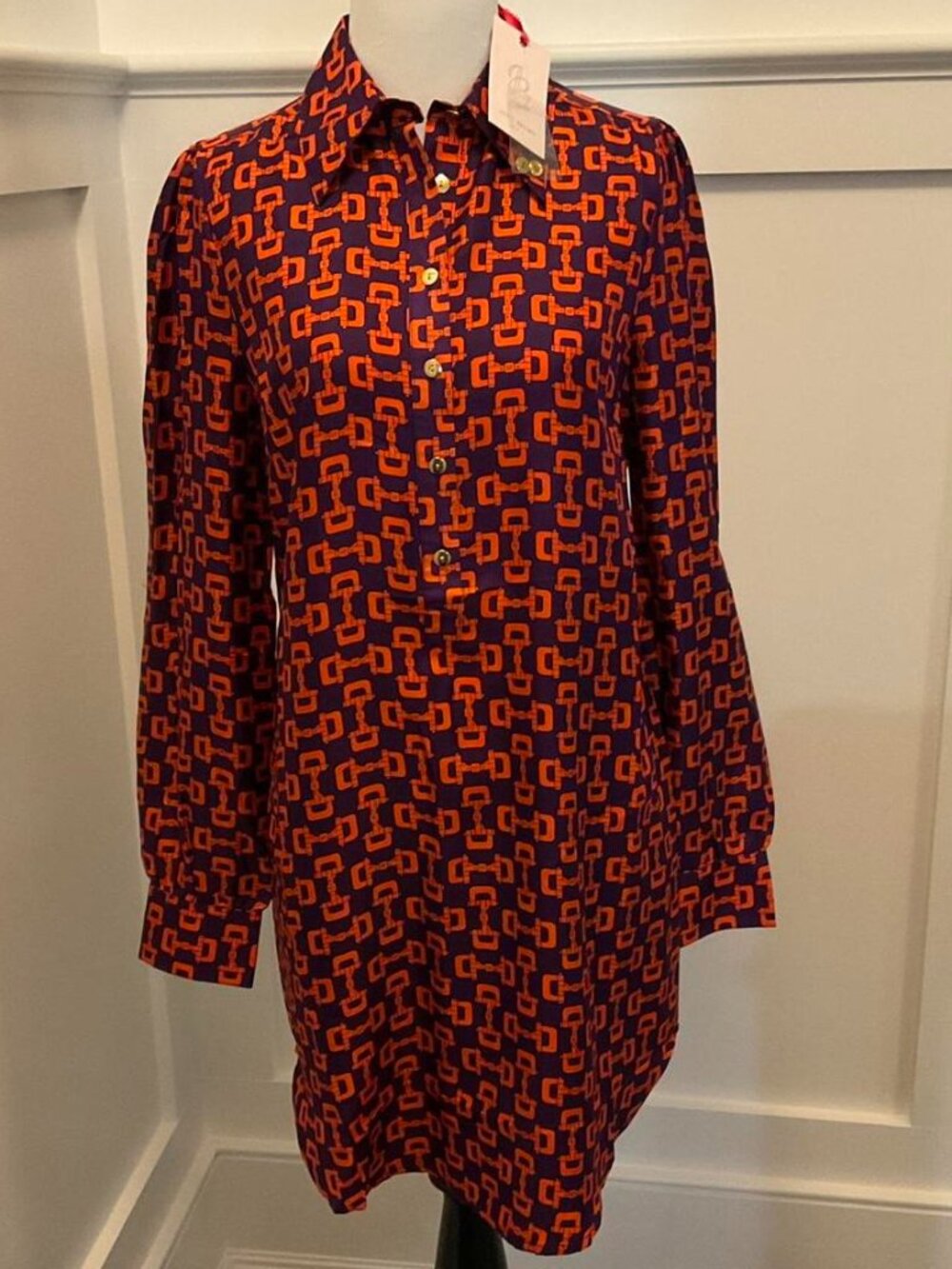 Julie Brown New York,Orange/Navy Equestrian Print Shirt Dress,Women's Size 4,NWT